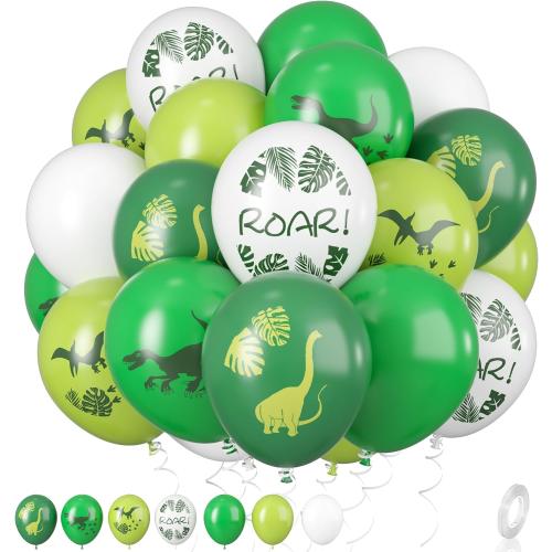 Dinosaur Balloons, 12 Inch Dino Printed Balloons Green White Lime Green Latex Balloons for Birthday Party Jungle Dinosaur Themed Decoration for Boys Birthday Party Baby Shower Supplies