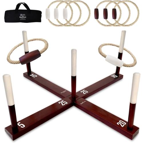 Swooc Games - Rustic Ring Toss Game (All Weather) - Easy Setup & Extra Games Included - Ring Toss Game for Adults - Outdoor Activities for Adults - Yard Toys for Kids - Backyard Fun - Outdoor Party