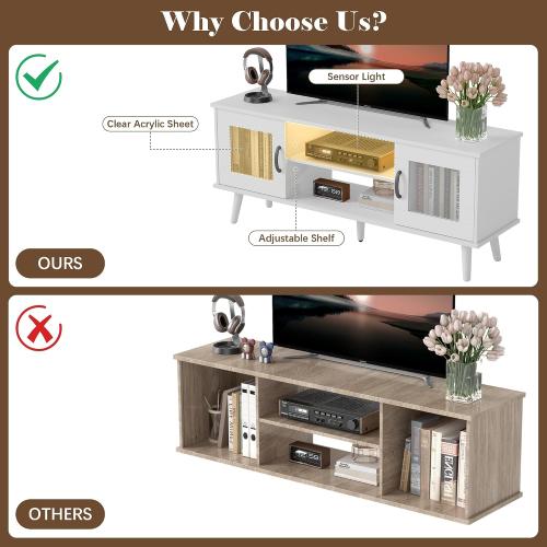 Wood TV Stand for TV, Mid Century Modern Entertainment Center with Adjustable Shelf, Sensor LED Light, 2 Cabinets, TV Media Console for Living Room Bedroom White