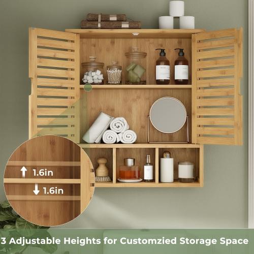 Bathroom Wall Storage Cabinet, Bamboo Medicine Cabinet with Doors and Adjustable Shelves, Bathroom Medicine Cabinet Wall Mount, Wall Mounted Over-the-Toilet Storage Cabinet