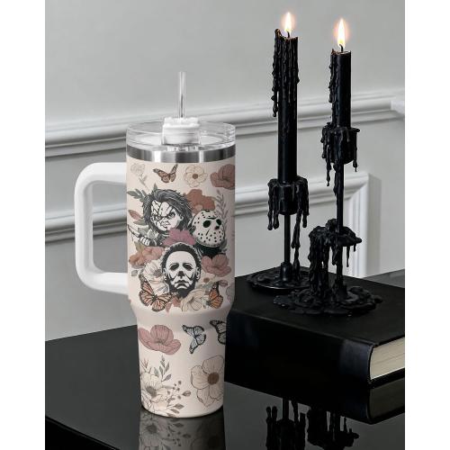 34HD Halloweens Horror Movie Lover 40 oz Tumbler with Handle, Spooky Gift