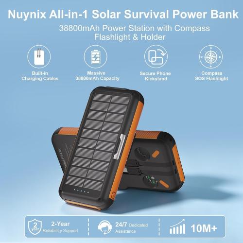 Power Bank Solar Charger 38800mAh with Built-in Cable, 22.5W Fast Charging