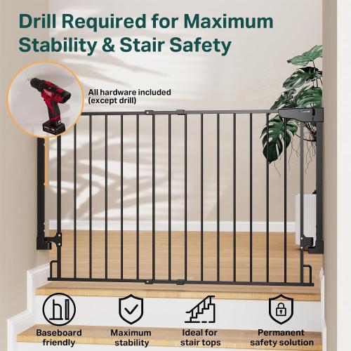 Cumbor Expandable 31.6-48 No Bottom Bar Baby Gate for Stair, Wide Dog Gate | 2-in-1 Hardware Mounted, 28 Tall Pet Gate for Doorways with Large Walk Thru Door, Child-Proof Safety Gate for Kids (Black)