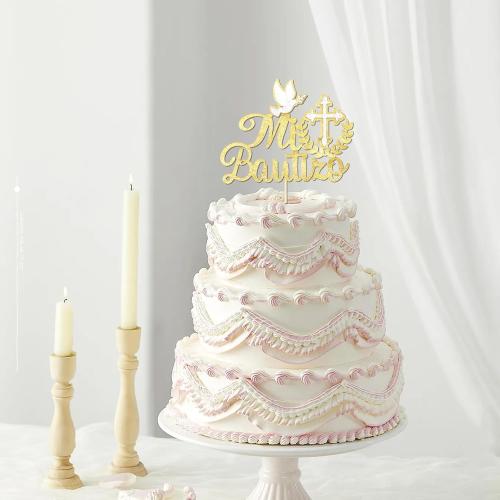 Spanish Mi Bautizo Cake Topper First Holy Communion Cakes Pick Glitter Bless Baptism Cake Decoration Golden Birthday Party Supplies Cross Dove Cakes Deco for Christening Shower Theme Gender Reveal