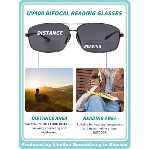 LianSan Retro Polarized Bifocal Sunglasses for Men Women,Metal Frame Top Clear Sun Readers with UV Protection Anti Glare(Gunmetal,1.50x)