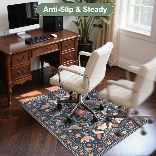 Anidaroel 36x48 Office Chair Mat for Hardwood Floor, Black Floral Computer Chair Mat, Anti-Slip Vintage Under Desk Rug for Office, Low Pile Bird Bug Office Rugs for Rolling Chairs