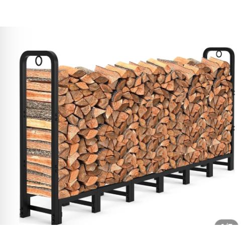Garvee 8' Outdoor Firewood Rack, 660 lb Powder-Coated Galvanized Metal Log Holder with Lock Rings, Matte Black