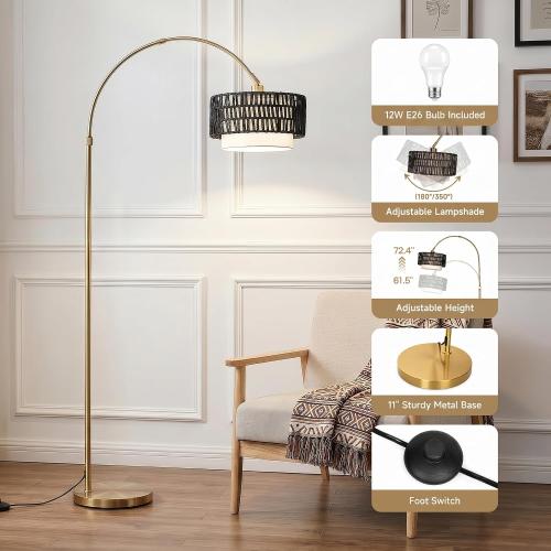 Arc Floor Lamp for Living Room with 12W Bulb,61.5-71.5 Height Adjustable Rattan Floor Lamps with 3 Color Temps, Farmhouse Arched Standing Lamp,Boho Floor Lamp, Arched Floor Lamps for Bedroom, Office
