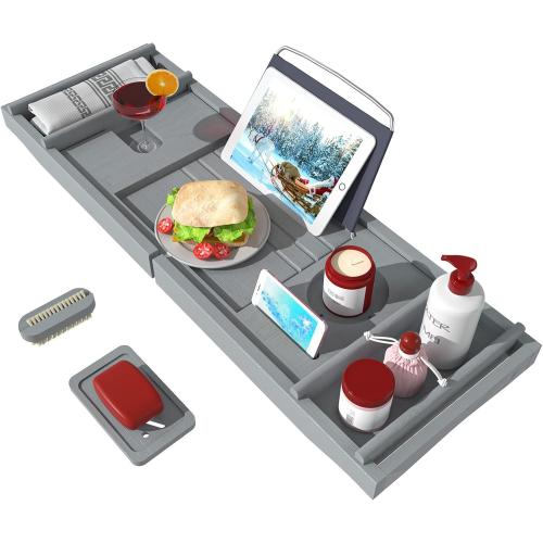 Bath Caddy Tray for Bathtub - Bamboo Adjustable Organizer Tray for Bathroom with Soap Dish Suitable for Luxury Spa or Reading(Bluish Grey)