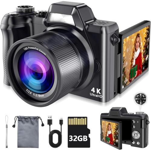 4K Digital Camera for Photography & Vlogging, 56MP Point and Shoot Digital Cameras with 180° Flip Screen, 16X Zoom Compact Travel Camera, Portable Cámara for Adults & Beginners with 32GB SD Card