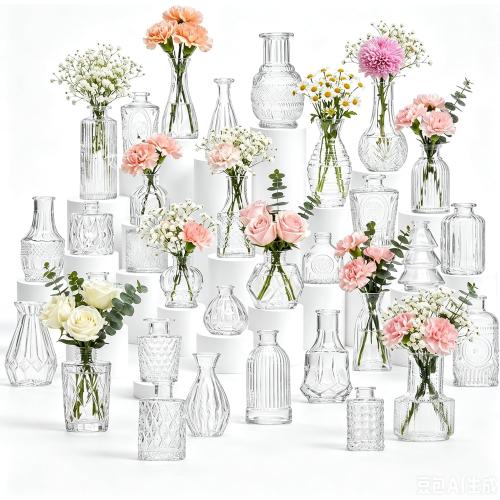 32 Pcs Clear Glass Bud Vases in Bulk, Small Vintage Bud Vase Set for Flowers, Mini Glass Vases for Wedding Centerpieces, Baby Shower, Table Decorations, Event Decor, 3.1-5.1