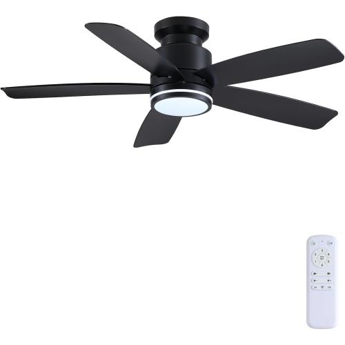 Wiviniya 46 Inch Flush Mount Ceiling Fan with Light Remote 6-Speed, Black