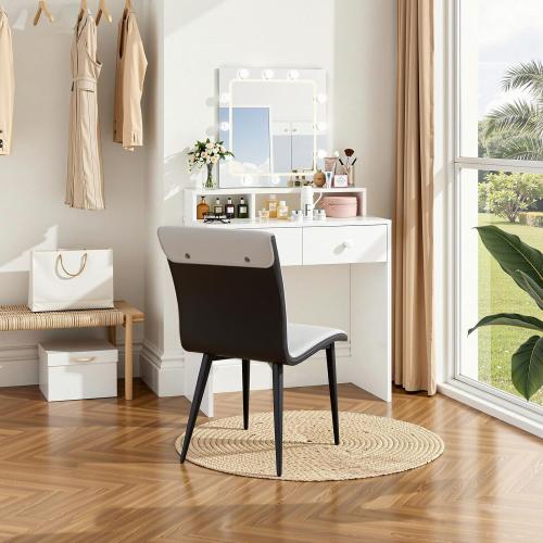 Dining Chairs Set of 2, Gray Upholstered Faux Leather Kitchen Chairs with Sturdy Metal Legs, Ergonomic Dining Room Chairs with Cushion Seat & Back for Living Room, Apartment, Restaurant