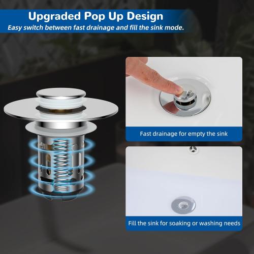 Hibbent Upgraded 3 in 1 Bathroom Sink Drain Strainer, Pop Up Stopper