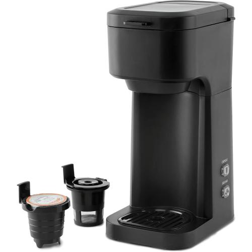 Compact Single Serve Dual Brew Coffee Maker - Compatible with Ground Coffee or K-Cups Pods | Adjustable Cup Size | Home & Office Coffee Brewer