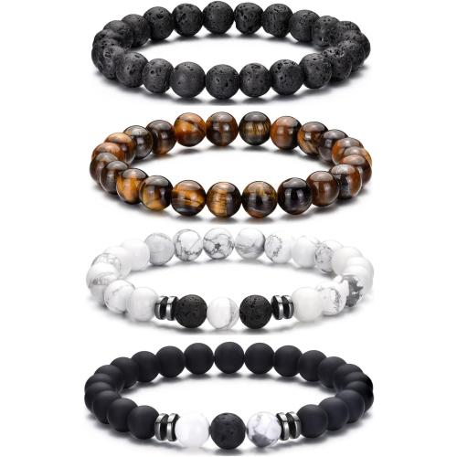 RANKEEF Tiger Eye Bracelet For Men 8MM Natural Stone Beads Bracelet Set Stretch Lava Rock Bracelets Adjustable Black Crystal Beaded Bracelet for Men Women Gifts