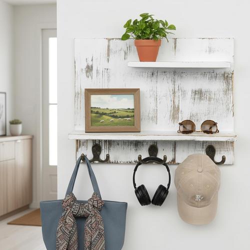 MyGift 2 Tier Wall Mounted Shabby White Washed Solid Wood Bathroom Storage Shelves, Decorative Entryway Floating Shelf Rack with 6 Hooks for Hanging Towels