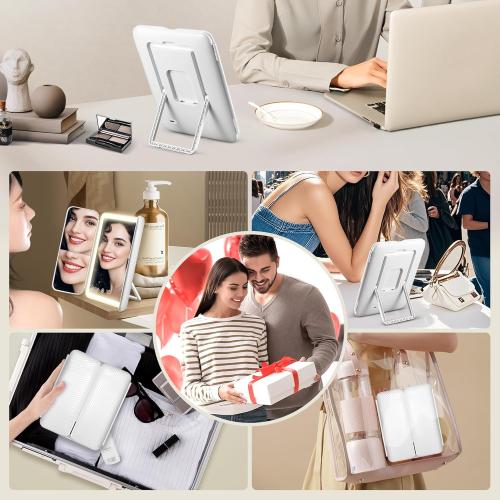 GOMIPURU Makeup Mirror with Lights and 30X/10X/5X Magnification, Vanity Mirror with 3 Color Lights, Rechargeable, Detachable, Lighted Makeup Mirror with Magnification, Trifold Mirror, Gifts, White