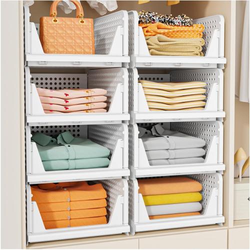 SNSLXH 5 Pack Stackable Closet Storage Basket, Multifunctional & Foldable Closet Organizer for Bathroom Kitchen Laundry Room Wardrobe Storage, Space-Saving Clothes Storage Drawer Organizer,*** White***