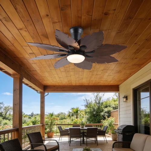 52'' Palm Leaf Ceiling Fans with Lights,Handmade Wooden Dual Fan Blades,Tropical Ceiling Fans with Remote,22W 3 Color LED Light, DC Reversible Motor, Low Profile Ceiling Fan for Patio, Living room