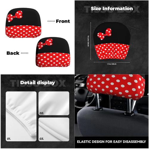 2 Pack Cute Red Bow and Black Dots Car Seat Headrest Cover for Women, Car Headrest Protector Seat Cover Elastic,Auto Interior Decor Front & Rear Seat Headrest Pads Decor,Universal Fit