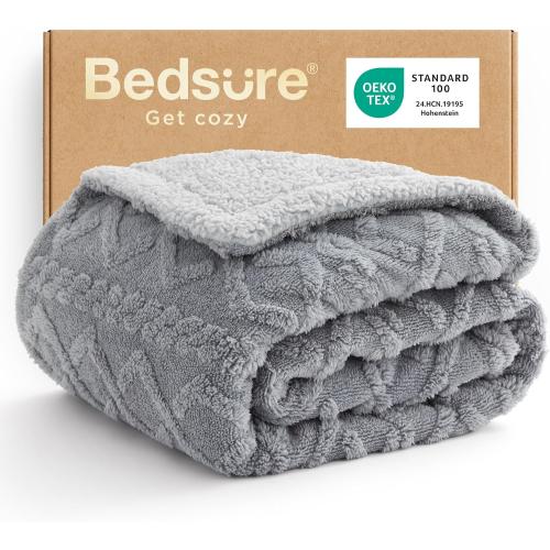 Bedsure Gentlesoft Sherpa Fleece Throw Blanket for Couch - Fluffy & Cozy Cable Jacquard Tufted Throw for Women Gift and Home Decor, Thick and Warm Blanket for Winter, Grey, 50x60 Inches