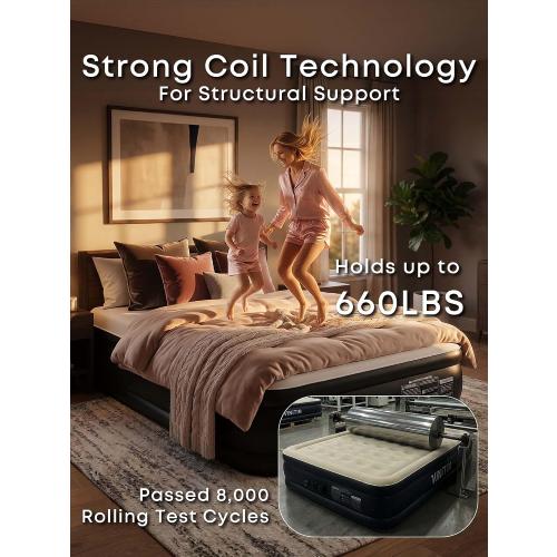 Queen Air Mattress with Built-in Pump, 16 Elevated Inflatable Bed for Home & Guests, Self-Inflating Blow Up Mattress with Flocked Top & Storage Bag, 660lb Max Weight, Matt Black