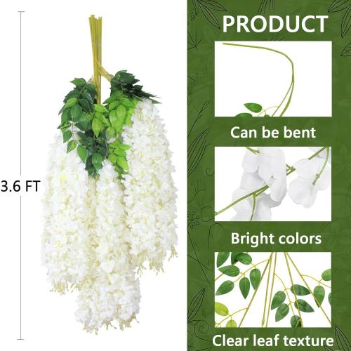 12Pcs Artificial Wisteria Flowers 3.6 Feet/Piece White Dense Artificial Fake Wisteria Vine Ratta Hanging Garland Silk Flowers String Home Party Wedding Decor(White-Dense)