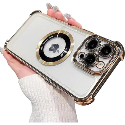 for iPhone 15 Pro Max Magnetic Transparent Case,Luxury Bling Four Corners Shockproof Military-Grade Protection with Camera Lens Protector MagSafe Clear Plating Cover for Women Men-Golden