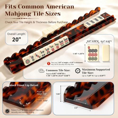 1 PC Mahjong Rack with Magnetic Pusher, 20 Inch Orange Tortoise Premium Thickened Acrylic Scalloped Mahjong Rack with Pusher for American Mahjong, Gift for Mahjong Lovers