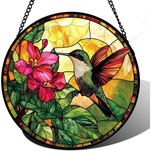 Stained Glass Suncatcher, Hummingbird Red Flowers Green Leaves Sun Catcher Stain Glass Window Hanging Decoration Mother's Day Birthday Gifts for Bird Lover Women Men Mom Nana 6.3 in