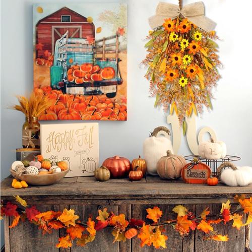 2 Pcs 24 inch Artificial Fall Swag Autumn Floral Teardrop Swags for Front Door Farmhouse Kitchen Cabinet Wreaths with Ribbon for Porch Wall Window Decor