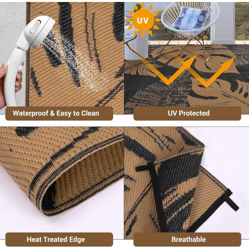 Outdoor Rug 9x18 Patio Waterproof, Foldable Reversible Outdoor Plastic Straw Rug Leaf Mat for Camper Outside Carpet for Rv, Deck, Porch, Picnic, Beach, Balcony Leaf|Black&Brown
