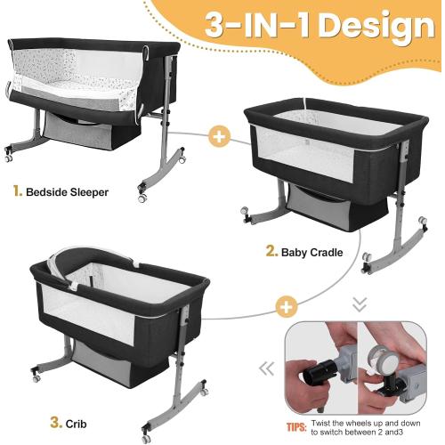 Bedside Bassinet Baby Crib, 3-in-1 Bedside Crib with Storage Basket