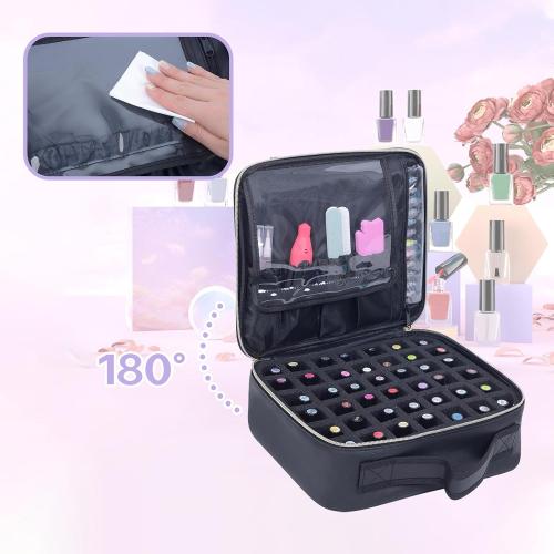 Nail Polish Organizer Holds 42 bottles(15ml-0.5fl.oz)，Nail Polish Carrying Case with Pad Multifunctional Cosmetic Travel Makeup Bag Black