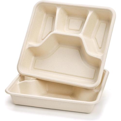 TOPZEA 50 Pack 4 Compartment Disposable Paper Plates, 9.4x 8.6 Compostable Deep Divided Plates Heavy Duty Bagasse School Lunch Tray, Sugarcane Sectional Plate Food Containers for Dinner Buffet Party