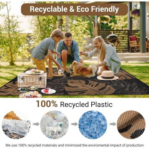 Outdoor Rug 9x18 Patio Waterproof, Foldable Reversible Outdoor Plastic Straw Rug Leaf Mat for Camper Outside Carpet for Rv, Deck, Porch, Picnic, Beach, Balcony Leaf|Black&Brown