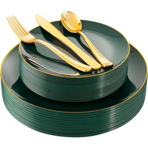 YOUBET Bundle Green Plastic Plates  with Gold Rim and Utensils for Party Wedding