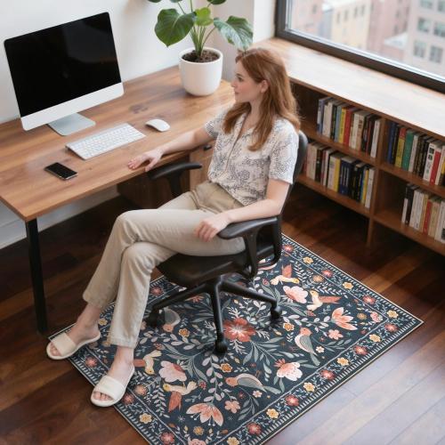 Anidaroel 36x48 Office Chair Mat for Hardwood Floor, Black Floral Computer Chair Mat, Anti-Slip Vintage Under Desk Rug for Office, Low Pile Bird Bug Office Rugs for Rolling Chairs
