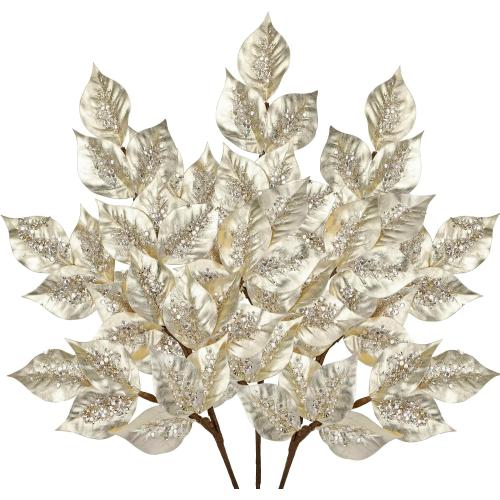 Christmas Tree Picks and Sprays 31.5 Champagne Atrificial Elm Leaves with Stems 3 Pcs Christmas Picks for Tree Champagne Vase Fillers for DIY Xmas Trees Wreath Centerpieces Wedding Bouquet Decor