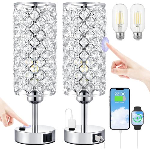 Silver Crystal Lamps Set of 2, 3-Way Dimmable Touch Lamps for Nightstand