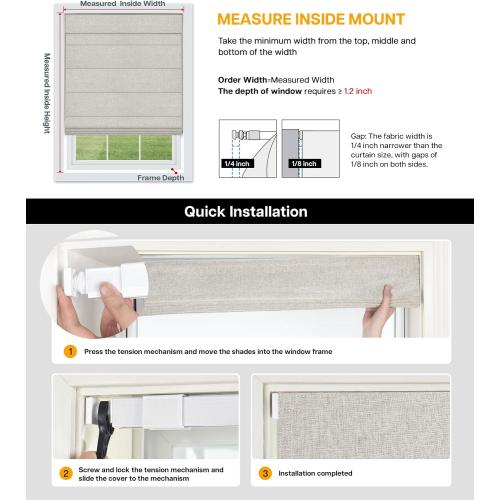 LazBlinds No Drill Roman Shades for Windows, Cordless Blackout Window Shades with UV Protection, Polyester Fabric for Bedroom & Living Room, 39 W x 64 H, Natural