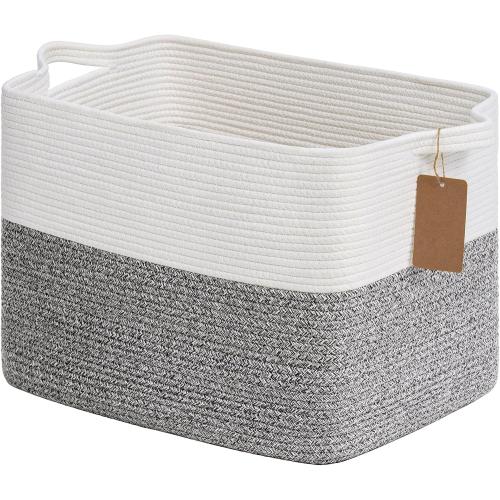 Goodpick Woven Storage Basket, Cotton Rope Baskets with Handles, Toy Baskets Storage Kids, Blanket Basket for Living Room, Bedroom, Gray and White, 18 x 14 x 12 Inches
