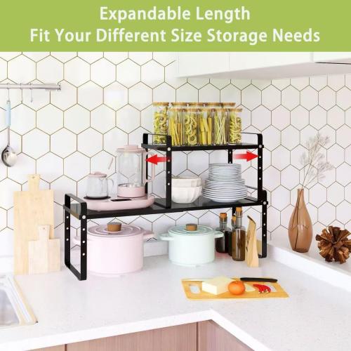 Across-Star Expandable Cabinet Shelf Organizer Rack, Stackable Kitchen Counter Storage Shelves Stand, Adjustable Height Pantry Shelf Spice Rack (Black, 1 Pack)