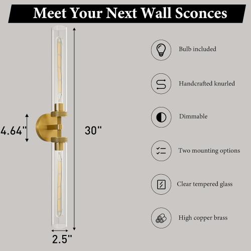 Knurled Brass Tube Wall Sconce: Set of 2 Modern Gold Bathroom Linear Lights