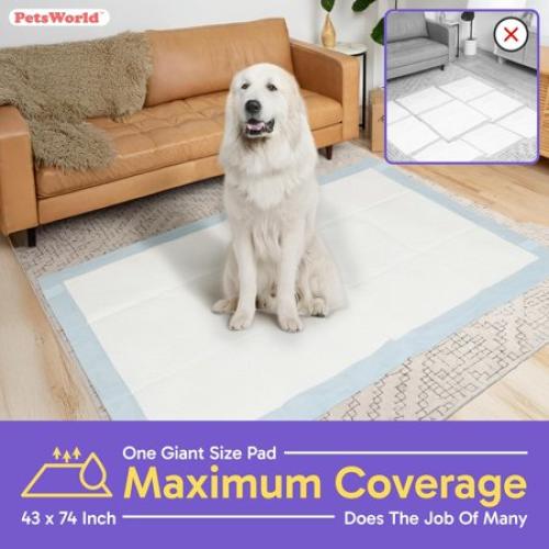 PETSWORLD Premium Extra Large Dog Pee Pads (43 x 74) – Jumbo Puppy Training & Incontinence Pads for Large Dogs & Multi-Pet Homes – Leak-Proof, Odor Control, 5-Layer Absorbency