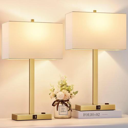 21 Touch Bedside lamps with 2 USB & AC Outlets, 3-Way Dimmable Bedside Table Lamps Set of 2 for Bedroom Living Room Office Reading, White Shade Lamps for Night Stands, 2700K LED Bulbs Included