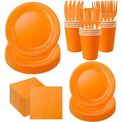 210pcs Orange Paper Plates Disposable Tableware Party Supplies- Includes 9 Dinner Plates, 7 Dessert Plates, 9oz Paper Cups, Napkins, Plastic Forks, Knives And Spoons For All Holiday Parties