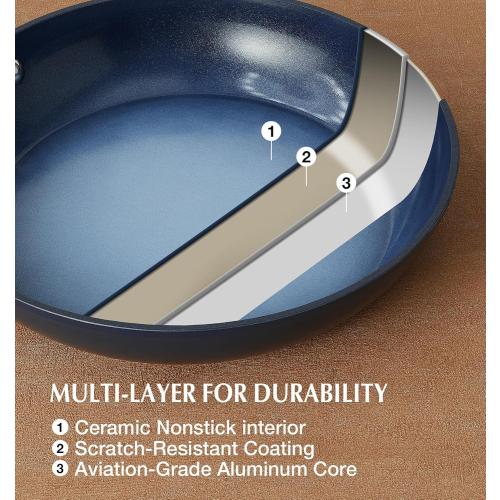 KOCH SYSTEME CS 14 Inch Large Frying Pan with Lid, Nonstick Skillet with Ceramic Interior, Large Fry Pan for Family & Commercial Cooking, Frying Pan Nonstick, Oven Safe & Induction Compatible, Blue