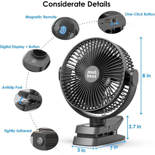 Minthouz 8'' portable Clip on Fan Rechargeable, 12000mAh USB Desk Fan,Black